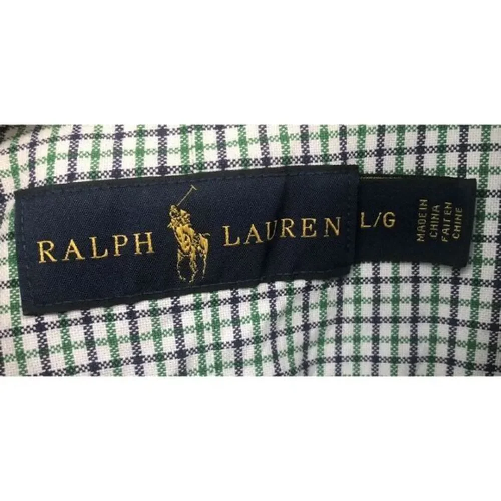 Ralph Lauren Men's Large Long Sleeve Button Pony Shirt Blue‎ Green Check *Stain